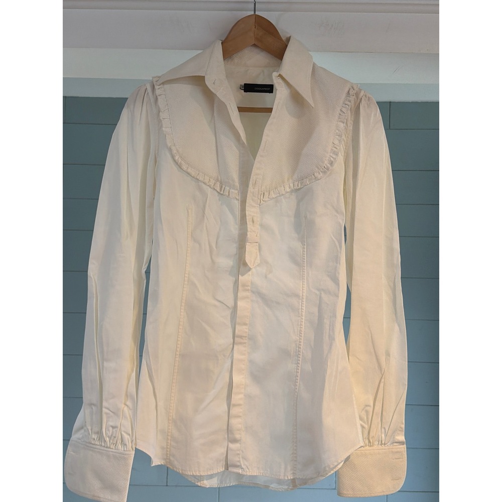 Dsquared2 White Ruffle Bib Button Down Shirt Puff Sleeve Italian Size 42